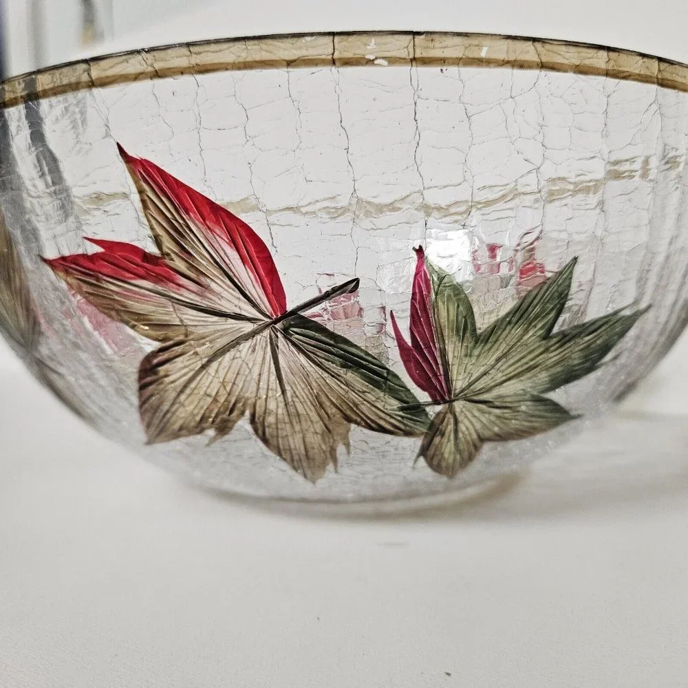 Yankee Candle Large Bowl Crackle Glass Holiday Fall Maple Leaves 9.75‎ inches